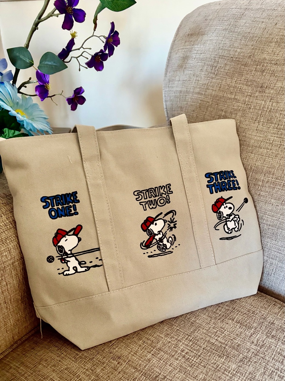 Grey Snoopy Baseball Canvas Tote Bag